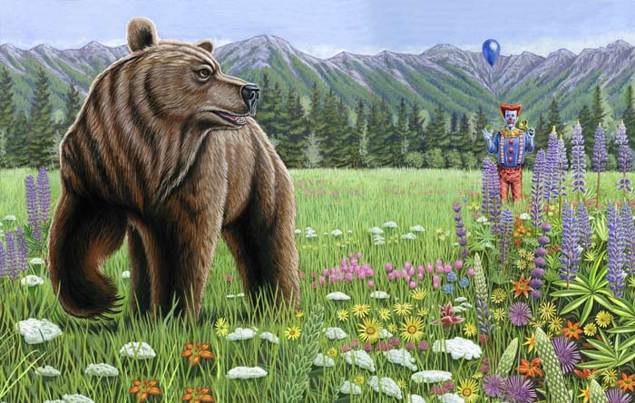 Grizzly bear and clown