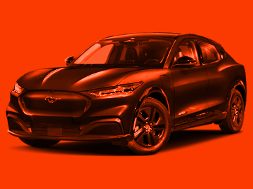 A black electric SUV parked against a vibrant red background.